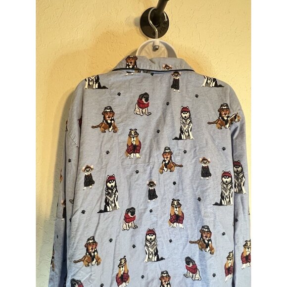 PJ Salvage Pajama Top Women's L Dogs Eyeglasses Flannel Button Up Blue - Picture 7 of 16